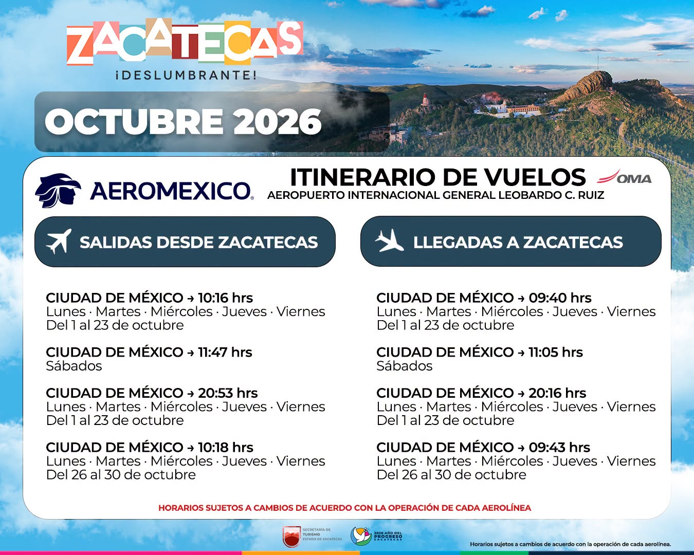 Itinerario Aeromexico octubre 2026 secturz